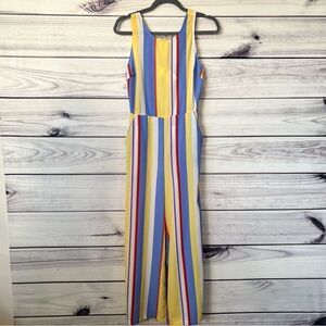 Lush Yellow & Periwinkle Striped Wide Leg Open Back Jumpsuit